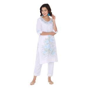 Propizio Hand Embroidery Women's Ethnic Kurti Set with Pants (White)