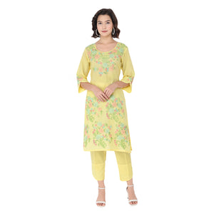 Propizio Hand Embroidery Women's Ethnic Kurti with Pants (Yellow)