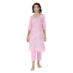 Propizio Hand Embroidery Women's Ethnic Kurti with Pants (Pink)