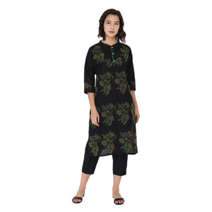 Propizio Hand Embroidery Women's Ethnic Kurti set with Pants (Black)