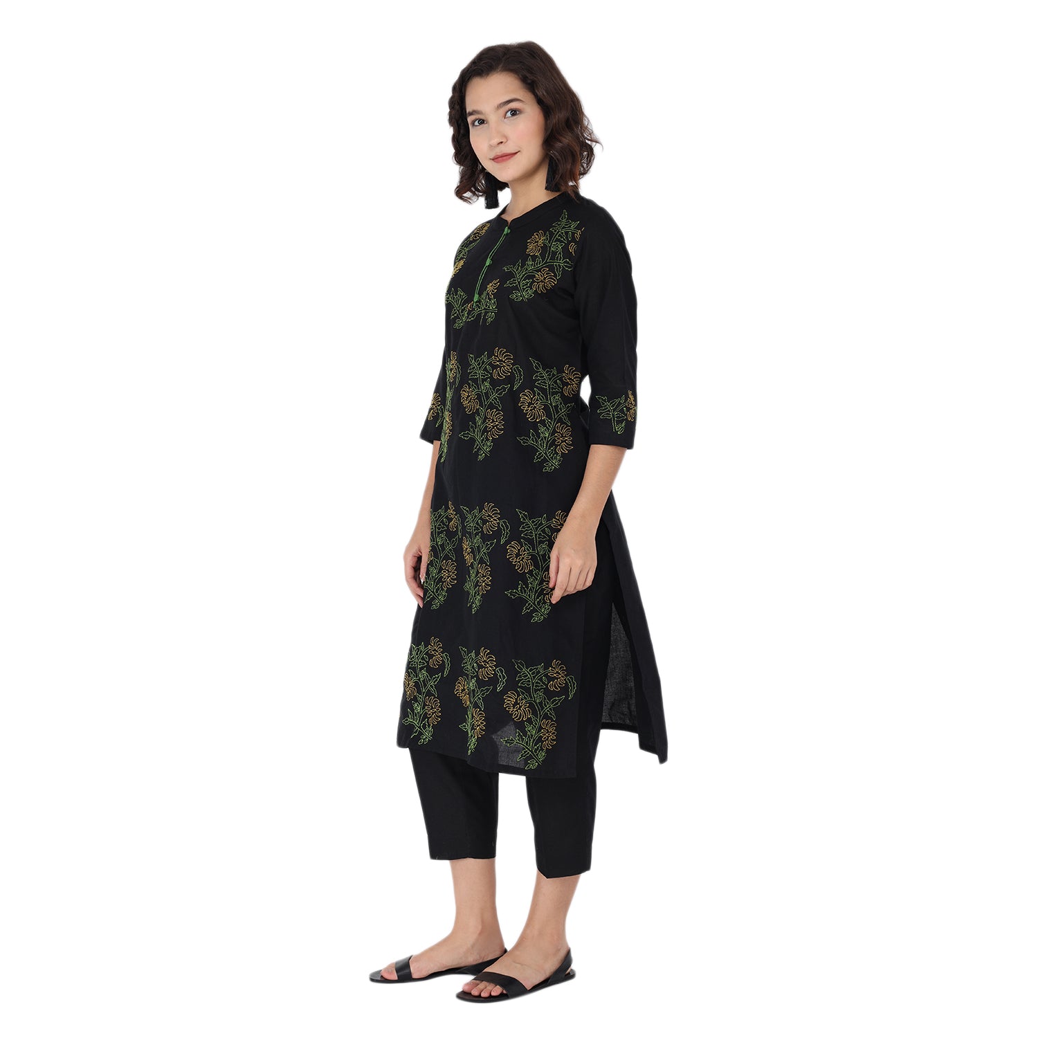 Propizio Hand Embroidery Women's Ethnic Kurti set with Pants (Black)