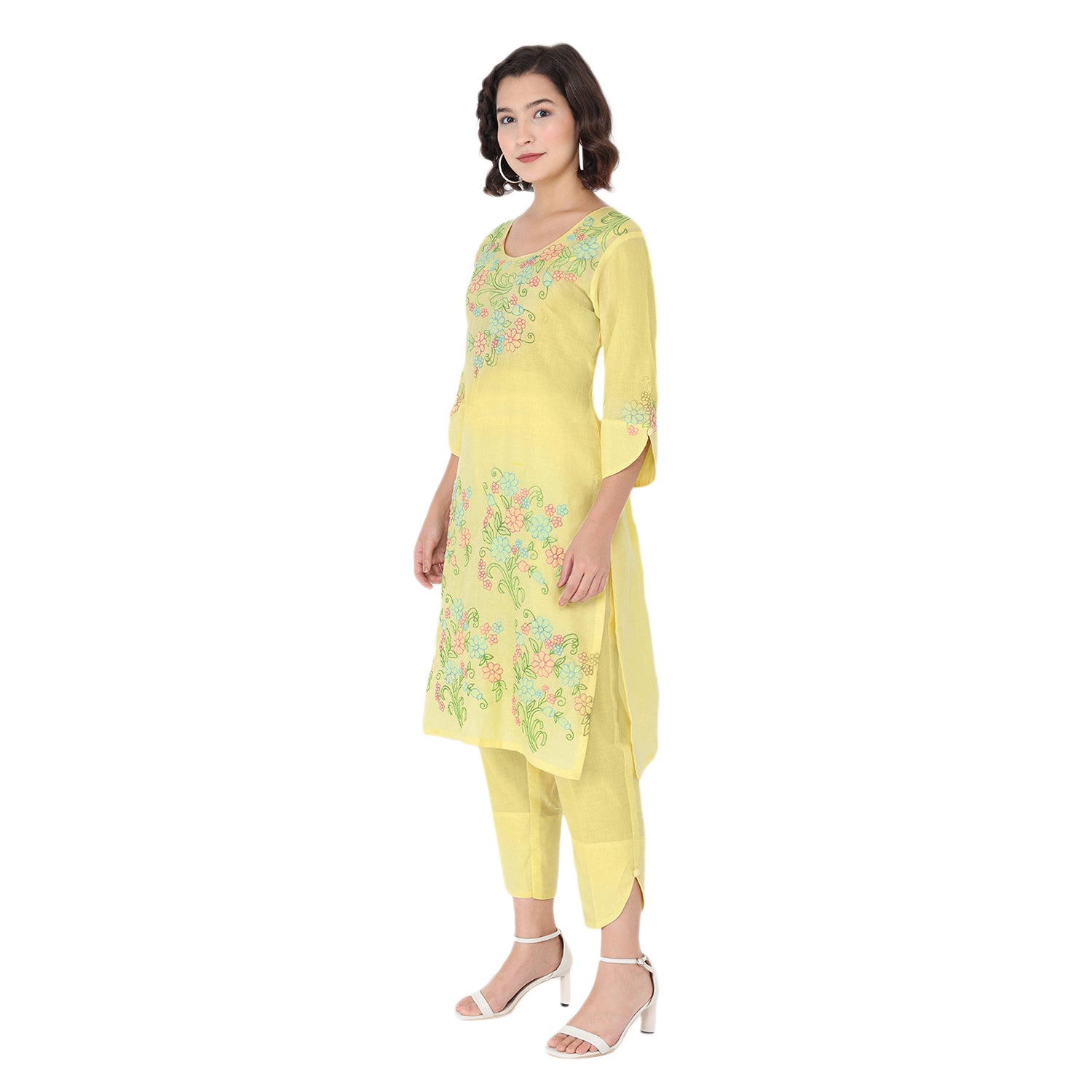 Propizio Hand Embroidery Women's Ethnic Kurti with Pants (Yellow)