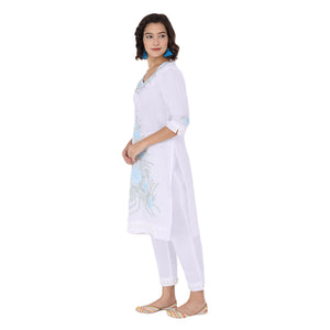 Propizio Hand Embroidery Women's Ethnic Kurti Set with Pants (White)