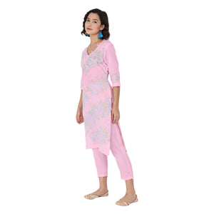 Propizio Hand Embroidery Women's Ethnic Kurti with Pants (Pink)