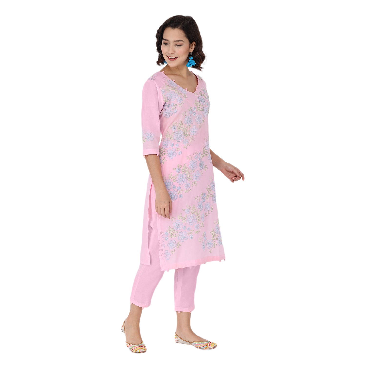 Propizio Hand Embroidery Women's Ethnic Kurti with Pants (Pink)