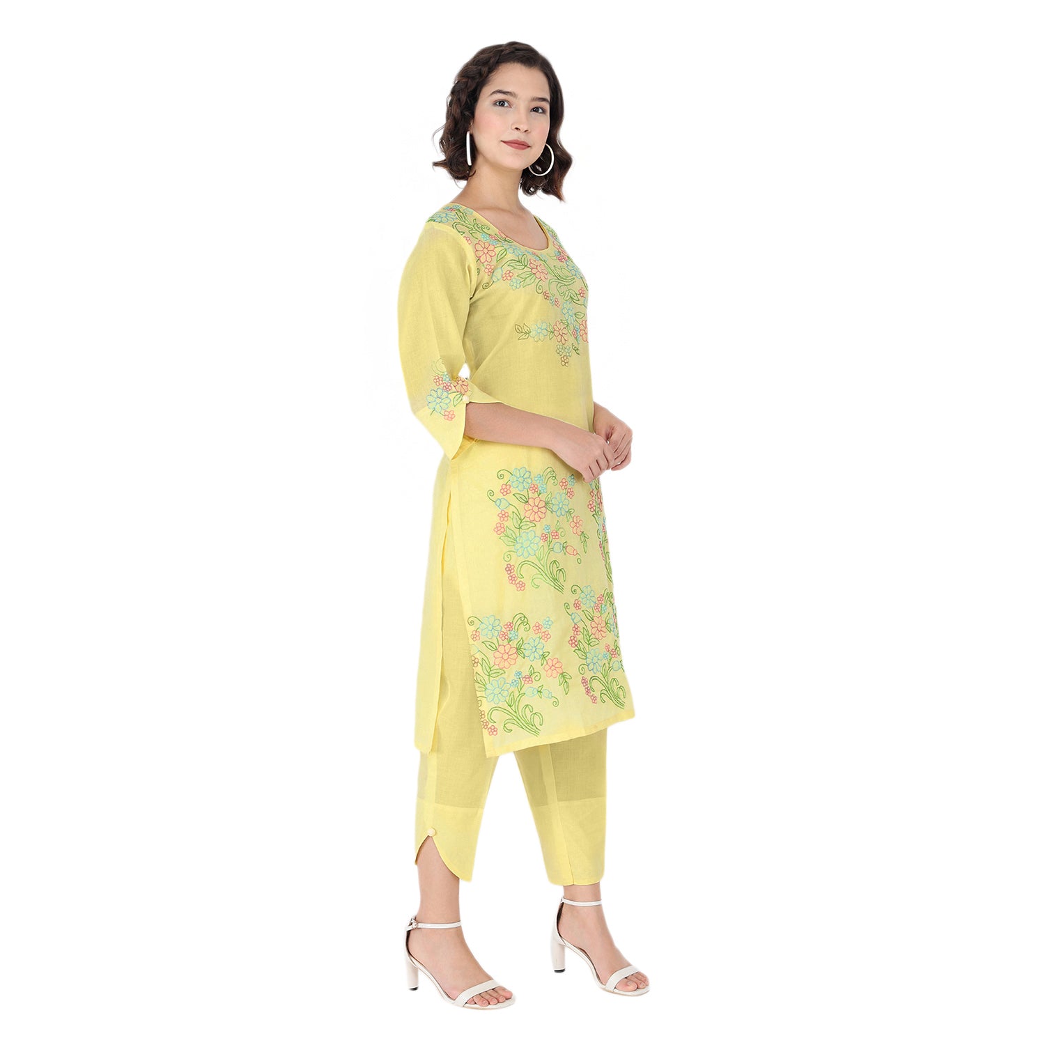 Propizio Hand Embroidery Women's Ethnic Kurti with Pants (Yellow)