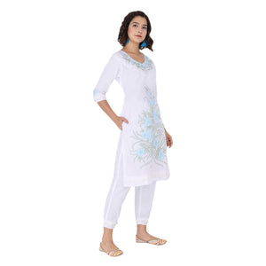 Propizio Hand Embroidery Women's Ethnic Kurti Set with Pants (White)