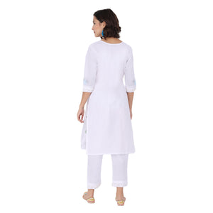 Propizio Hand Embroidery Women's Ethnic Kurti Set with Pants (White)