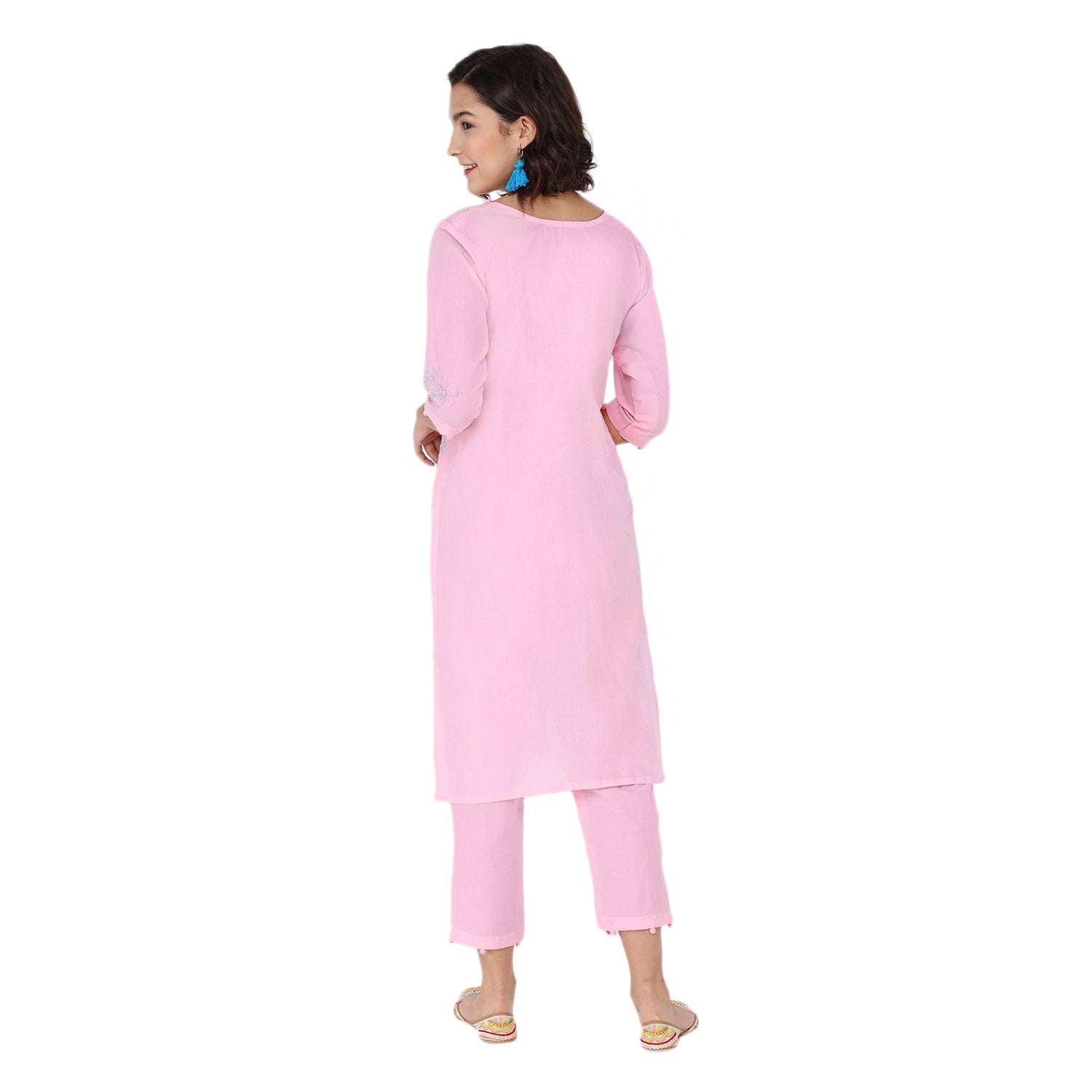 Propizio Hand Embroidery Women's Ethnic Kurti with Pants (Pink)