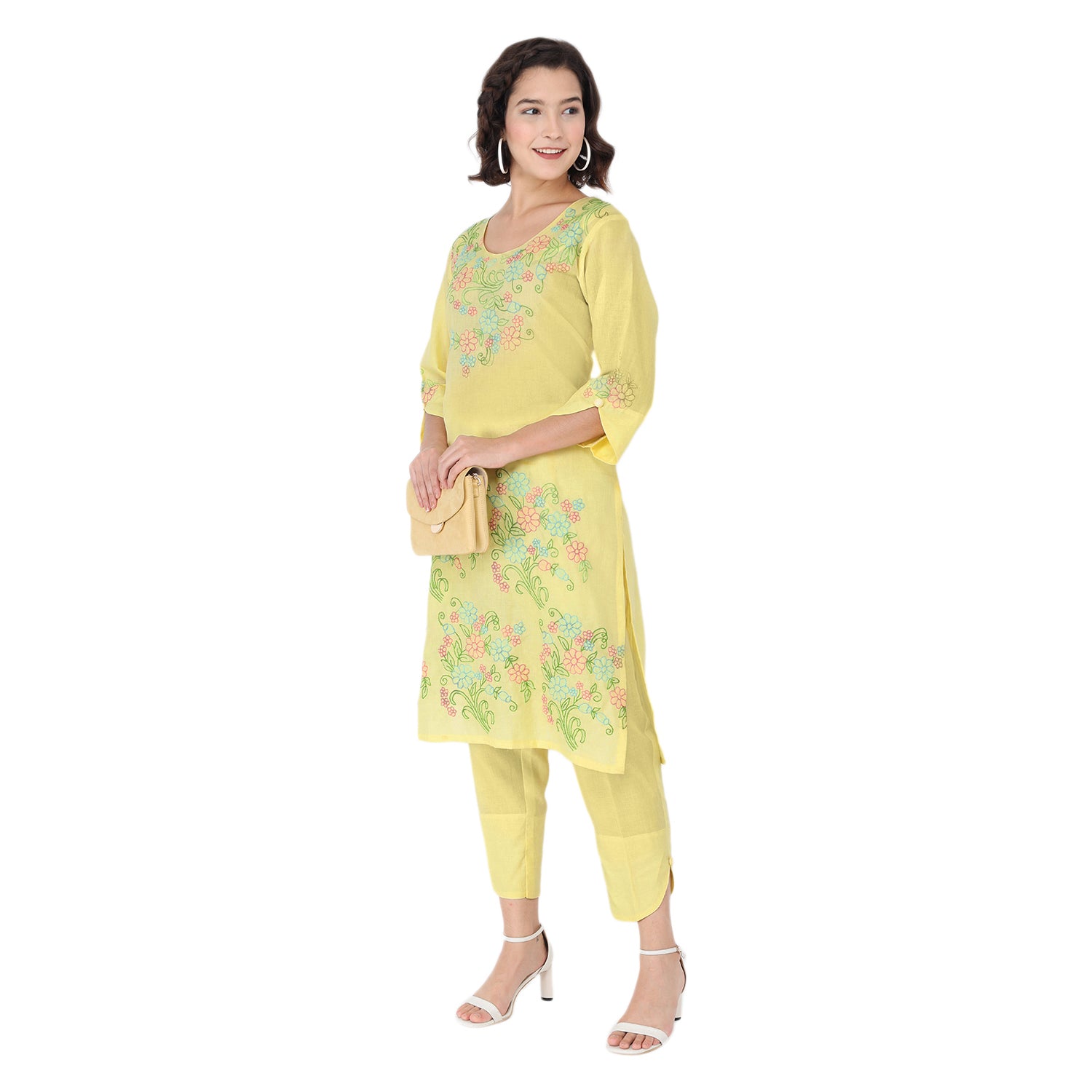 Propizio Hand Embroidery Women's Ethnic Kurti with Pants (Yellow)