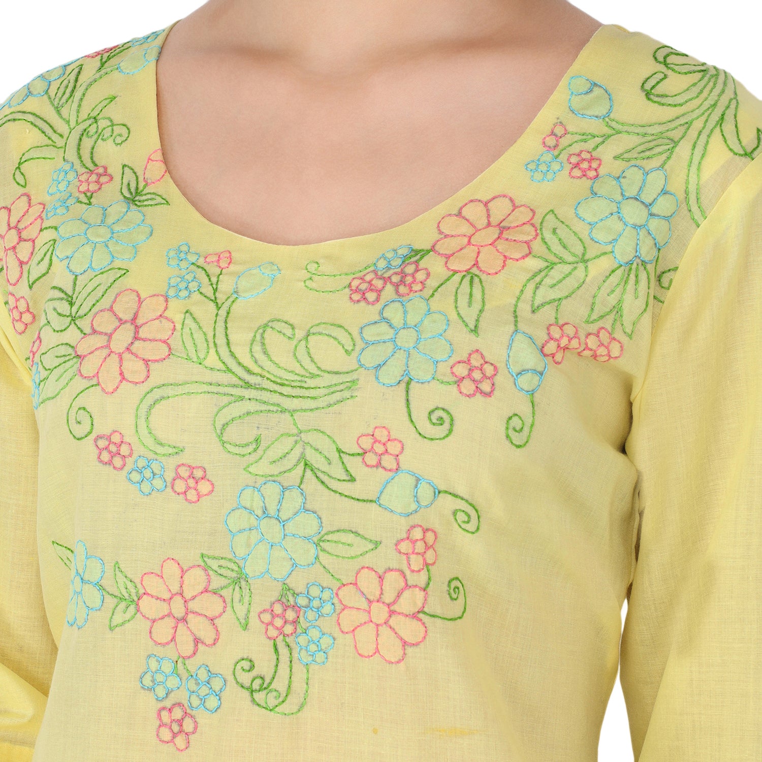 Propizio Hand Embroidery Women's Ethnic Kurti with Pants (Yellow)