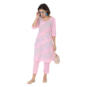 Propizio Hand Embroidery Women's Ethnic Kurti with Pants (Pink)