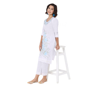 Propizio Hand Embroidery Women's Ethnic Kurti Set with Pants (White)