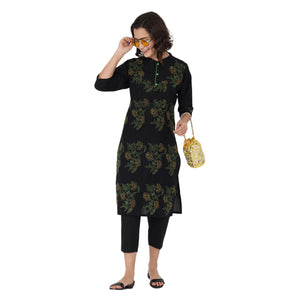 Propizio Hand Embroidery Women's Ethnic Kurti set with Pants (Black)