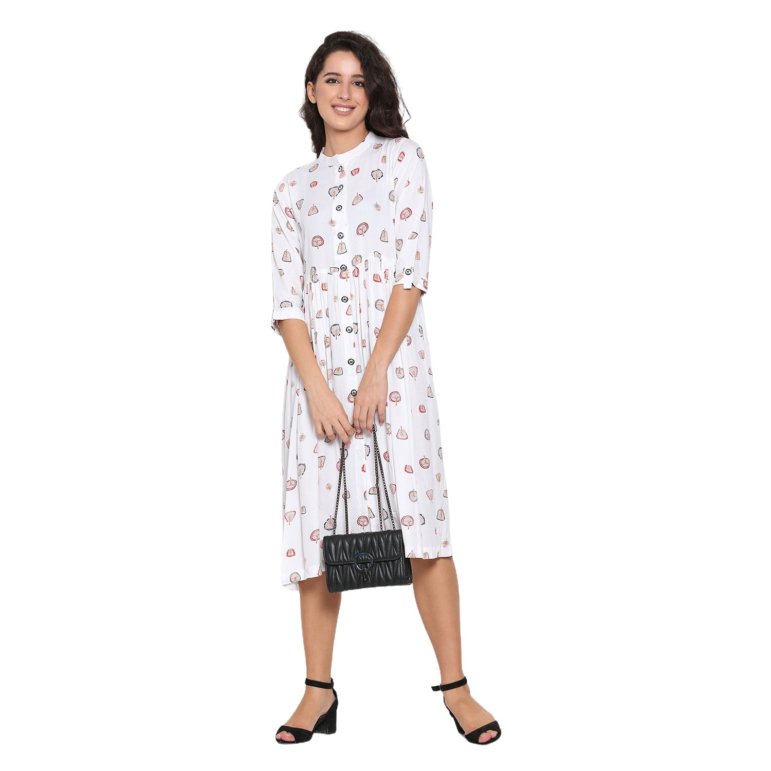 Propizio Women's Printed Fit & Flare Dress (White)